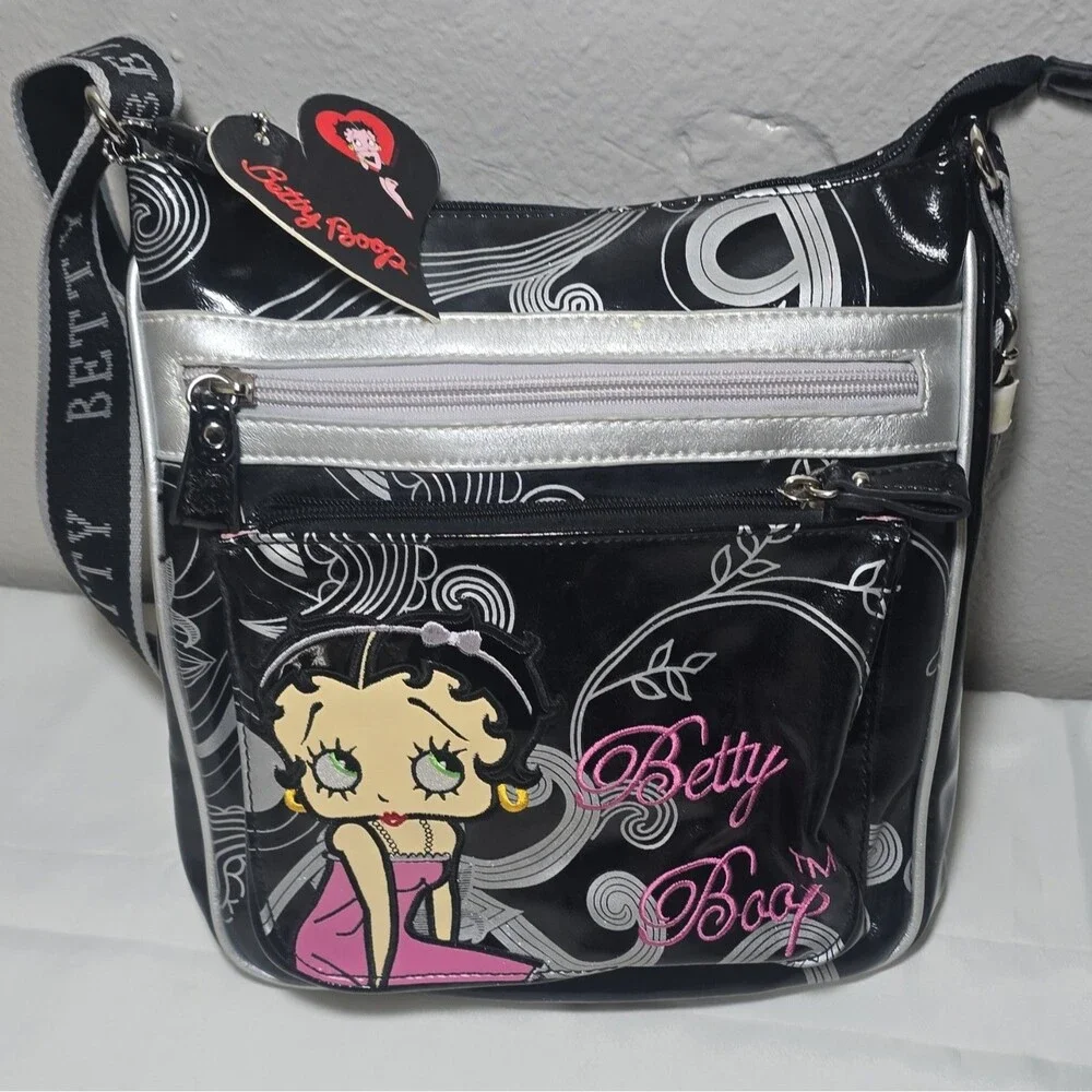 Betty Boop Black Silver Patent Crossbody Bag Purse Y2K Graphic Print Zip Charm